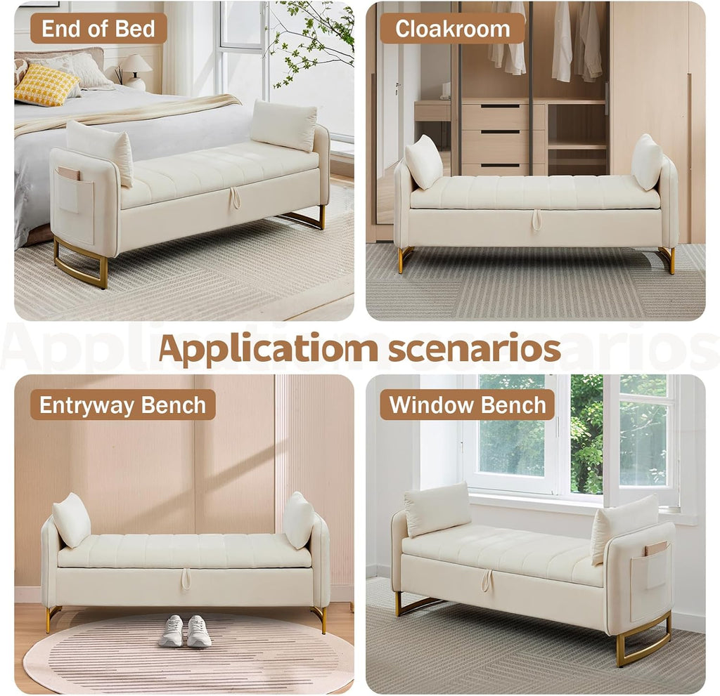 66" End of Bed Storage Bench King Size, Velvet Storage Benches for Bedroom Foot of Bed, Upholstered Storage Ottoman Bench with Golden Legs and Pillow for Living Room Window Entryway, Cream