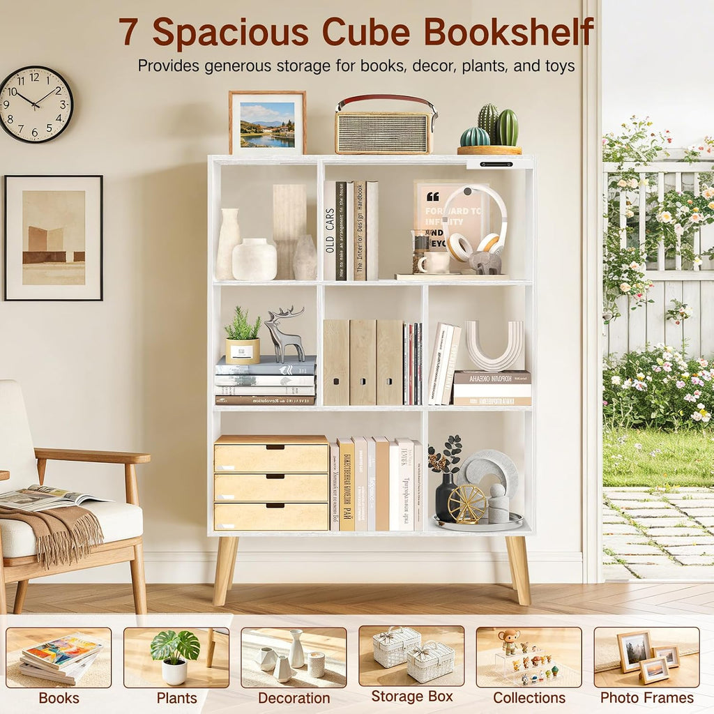 7-Cube Bookshelf with LED Lights, Touch & Remote Control, Freestanding Open Bookcase Storage Shelf, Dimmable Modern Wooden Display Organizer with Legs for Living Room, Bedroom, Office(White)