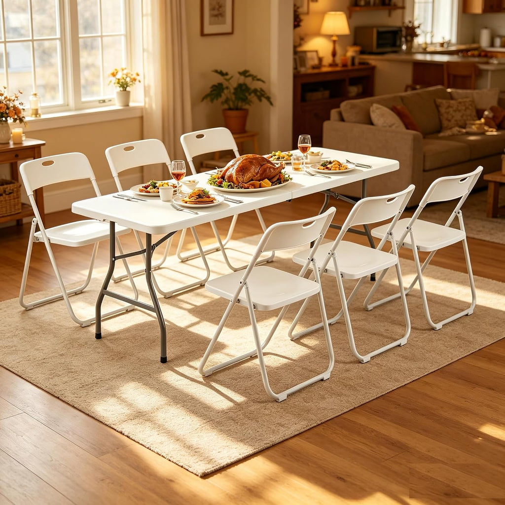 8 FT Plastic Folding Table Chairs Set, 7-Piece Portable Foldable Table and Chairs with Carrying Handle for Wedding Party Banquet Craft Picnic Indoor and Outdoor Activities