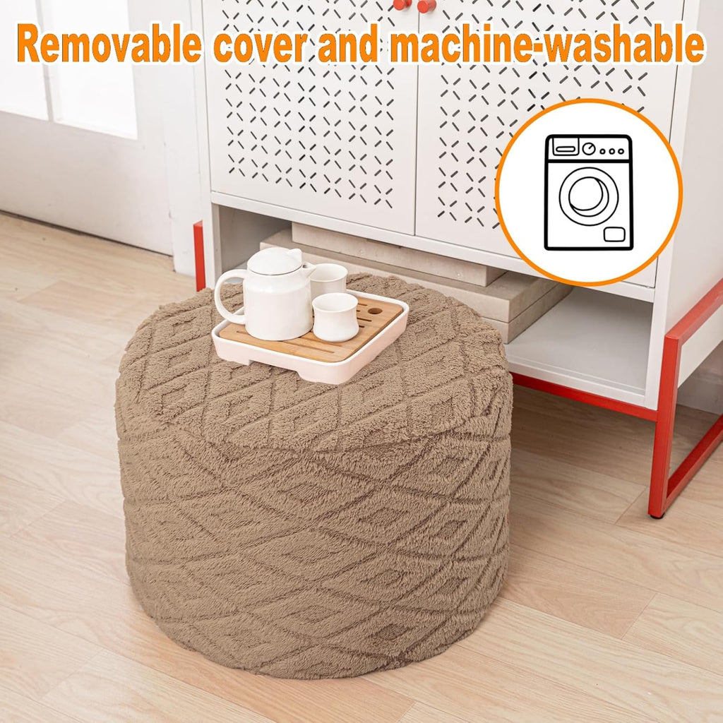Fluffy Round Ottoman Pouf with All-in-One Foam Filling 20" x 14" Furry Ottoman Foot Rest Foot Stool for Living Room or Bedroom (Light Coffee)