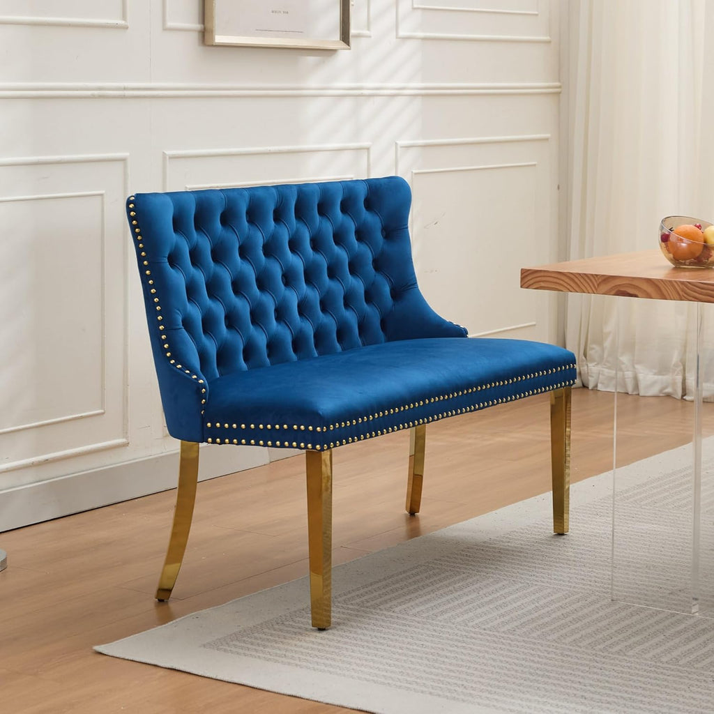 KEIKI Velvet Tufted Loveseat Bench, Double Dining Room Chairs, 2-Seat Tufted Seat with Nailhead Trim Chairs with Gold Plated Steel Legs and Padded Seat, Blue