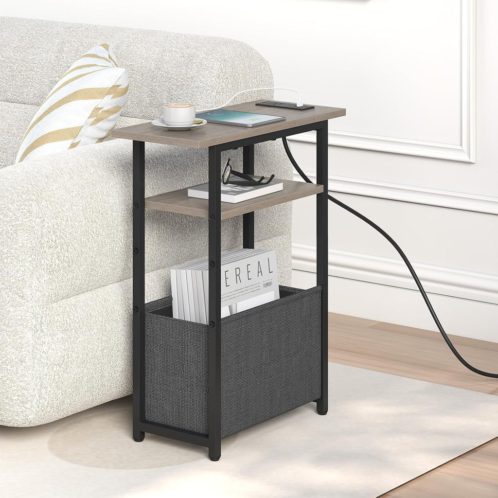 sthmec Narrow Side Table with Charging Station Set of 2, Small End Table for Small Spaces, Skinny Nightstands Set 2 with Storage Basket, 3 Tier Sofa Bedside Tables for Living Room,Bedroom, Grey