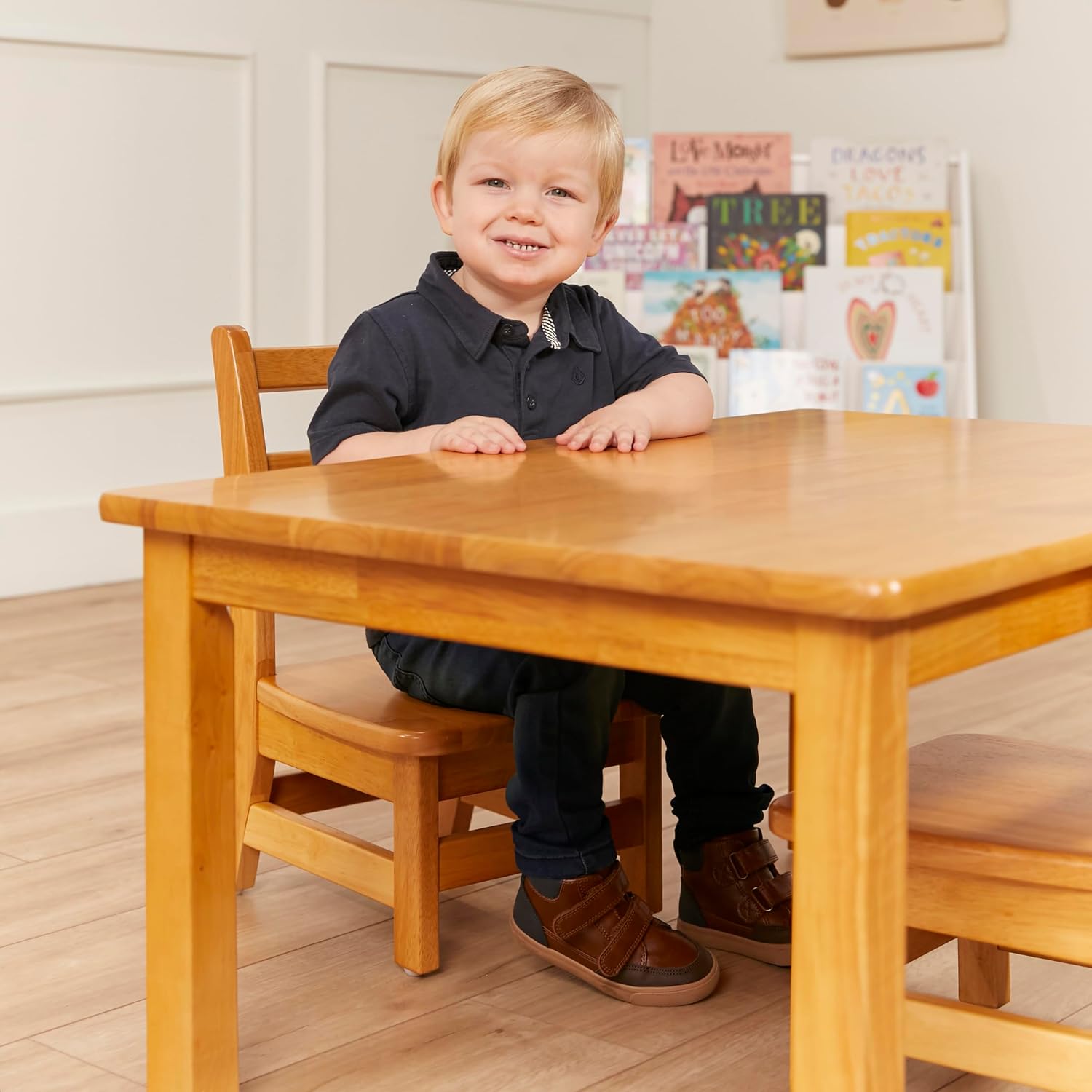 ECR4Kids 24in x 36in Rectangular Hardwood Table with 16in Legs and Two 8in Chairs, Kids Furniture, Honey, 3-Piece | Durable rubberwood, GREENGUARD Gold Certified, ANSI/BIFMA Compliant, 2-3 years, 74 lb seat capacity, classroom & home use
