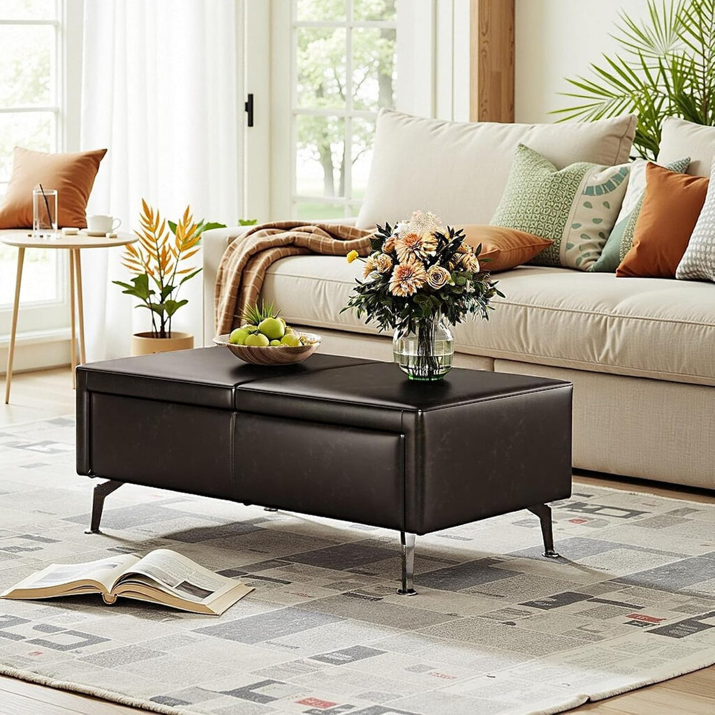 47 Inches Ottoman with Storage, Rectangle Faux Leather Ottoman Bench/Footrest/Shoes Bench, Upholstered Coffee Table for Living Room, Bedroom, Entryway, Black