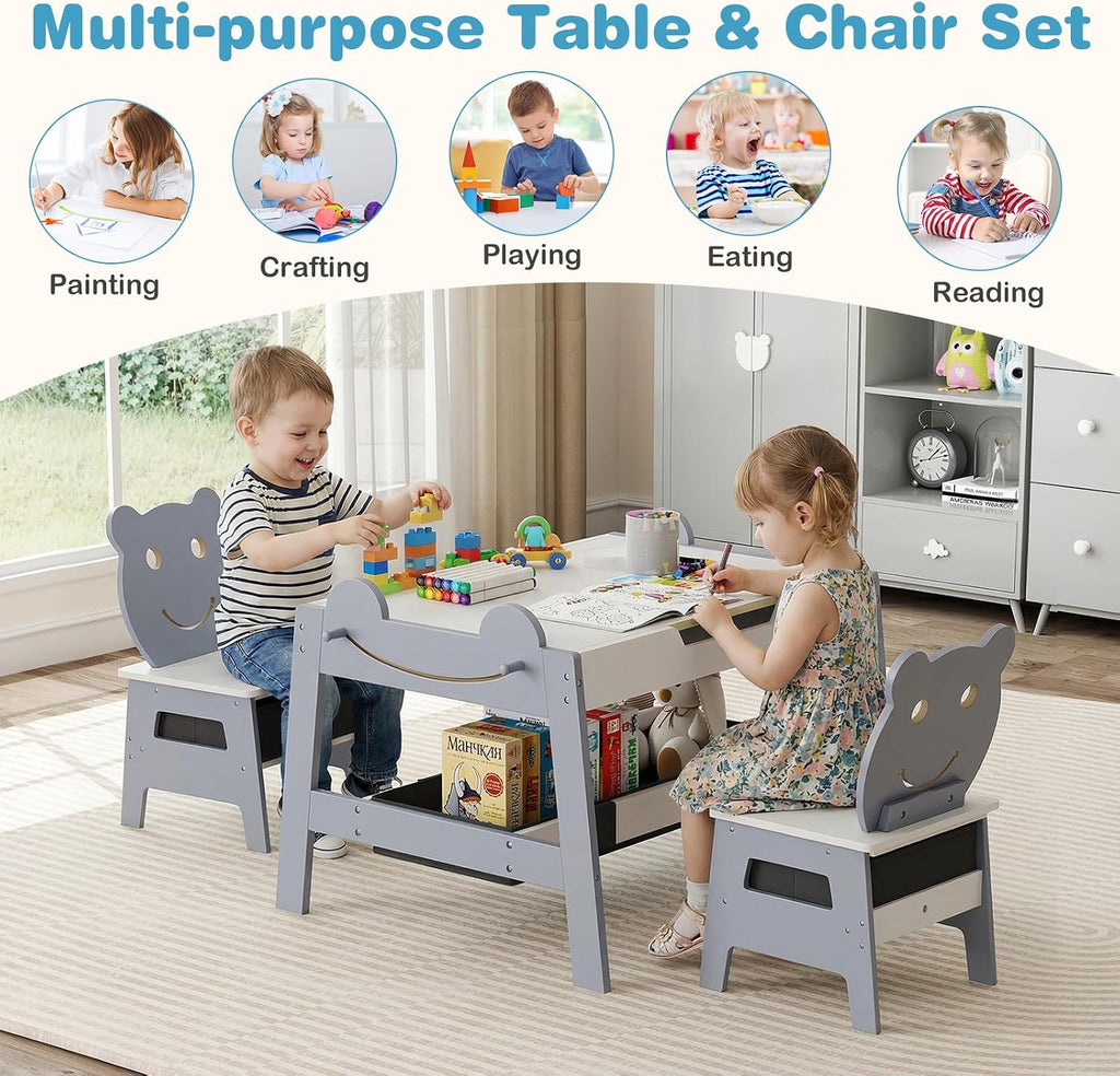 Children's Table with 2 Bear Chairs, 5-in-1 Painting Table with Reversible Board & Whiteboard, Children's Seating Set with Storage Space, 4 Hooks & Fabric Containers for Children 3-10 Years