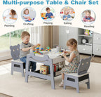 Children's Table with 2 Bear Chairs, 5-in-1 Painting Table with Reversible Board & Whiteboard, Children's Seating Set with Storage Space, 4 Hooks & Fabric Containers for Children 3-10 Years