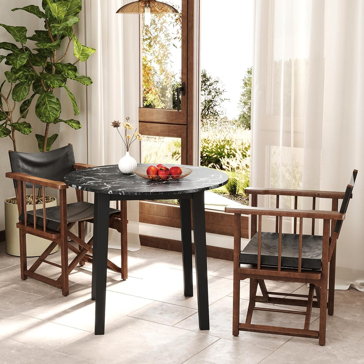 Giantex 35” Round Dining Table with Rubber Wood Legs, Marble-Textured Veneer Tabletop, Leisure Kitchen Table for 2 to 4 Person, Dinette, Living Room, Black