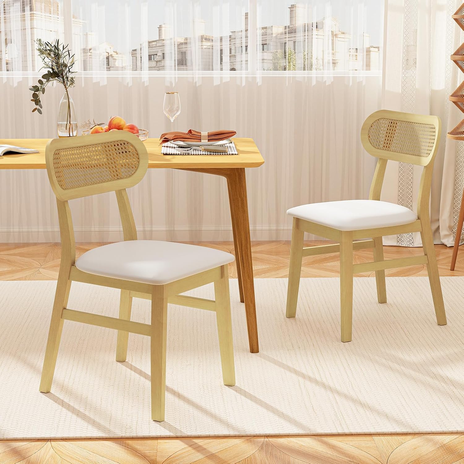 Giantex Wooden Dining Chairs Set of 2, Faux Leather Upholstered Kitchen Chairs w/Breathable Mesh Cane Backrest, Rubber Wood Frame, Padded Seat, Farmhouse Armless Dining Room Chair, Natural