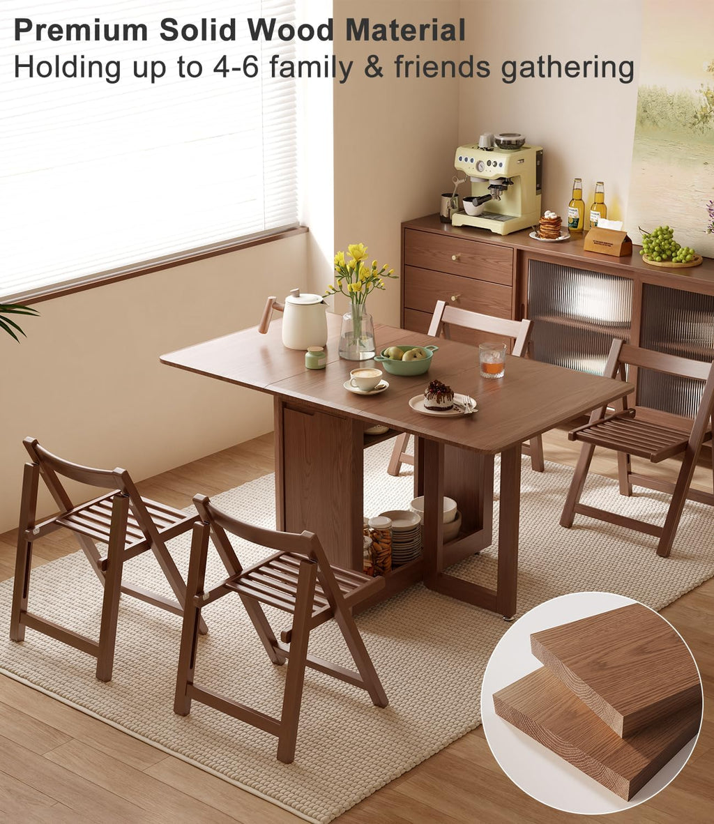 AnywaysWood Folding Dining Table with 4 Foldable Chairs Set, Space Saving Extendable Solid Wood Drop Leaf Table for Kitchen Dining Living Room Small Spaces Simple Assembly
