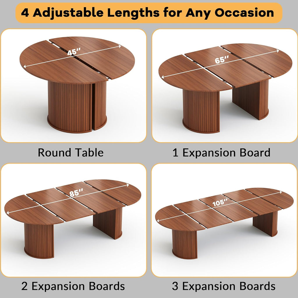 45"-105" Long Extendable Dining Table for 4-10, Mid Century Brown Wood Extendable Kitchen Table with 3 Leaf, Fluted Base for Dining Room, Space Saving (Table Only)