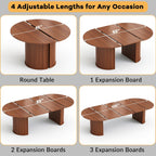 45"-105" Long Extendable Dining Table for 4-10, Mid Century Brown Wood Extendable Kitchen Table with 3 Leaf, Fluted Base for Dining Room, Space Saving (Table Only)