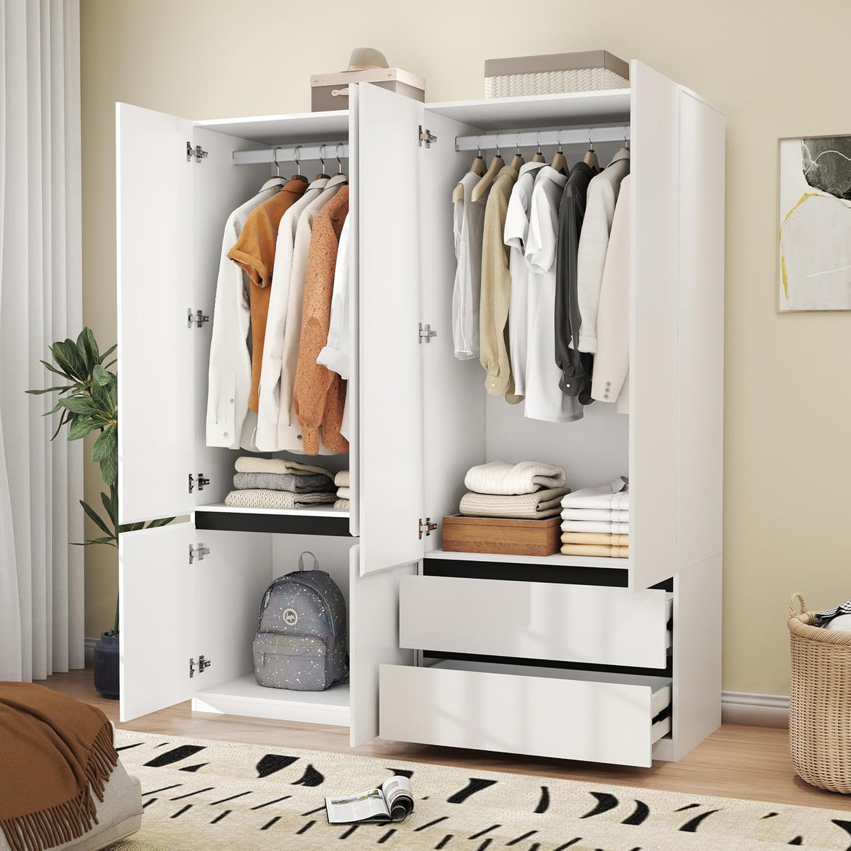 Wardrobe Closet with 4 Doors: 75" White Armoire with 2 Drawers, Wooden Wardrobe for Hanging Clothes, Tall Storage Cabinet with Shelves and Hanging Rod (A+C, 63")