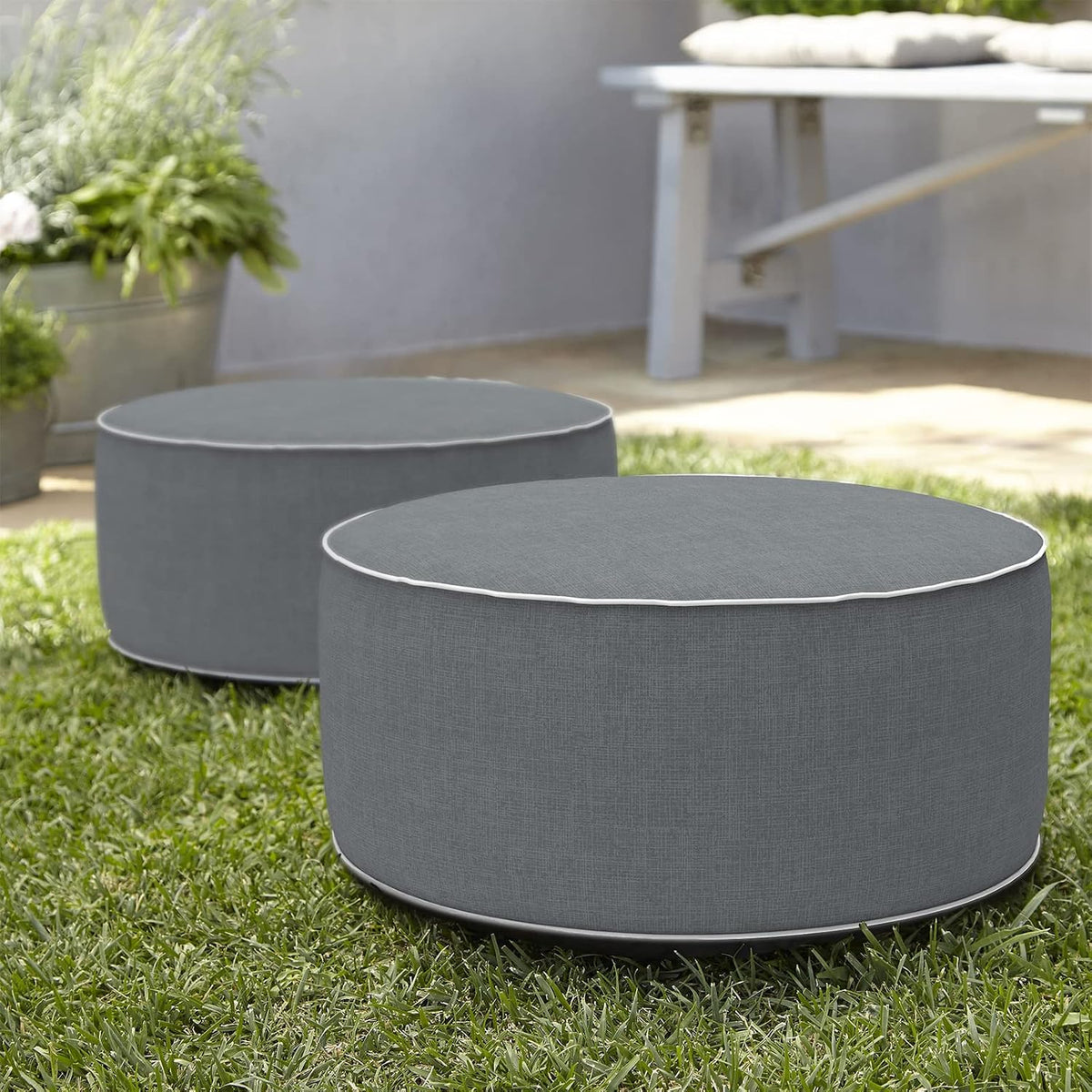 Indoor/Outdoor Inflatable Ottoman D21 x H9 inch, Round Footstool Inflatable Foot Rest Ottoman with Handle, Portable Pouf for Patio, Garden, Camping, Home, Textured Gray