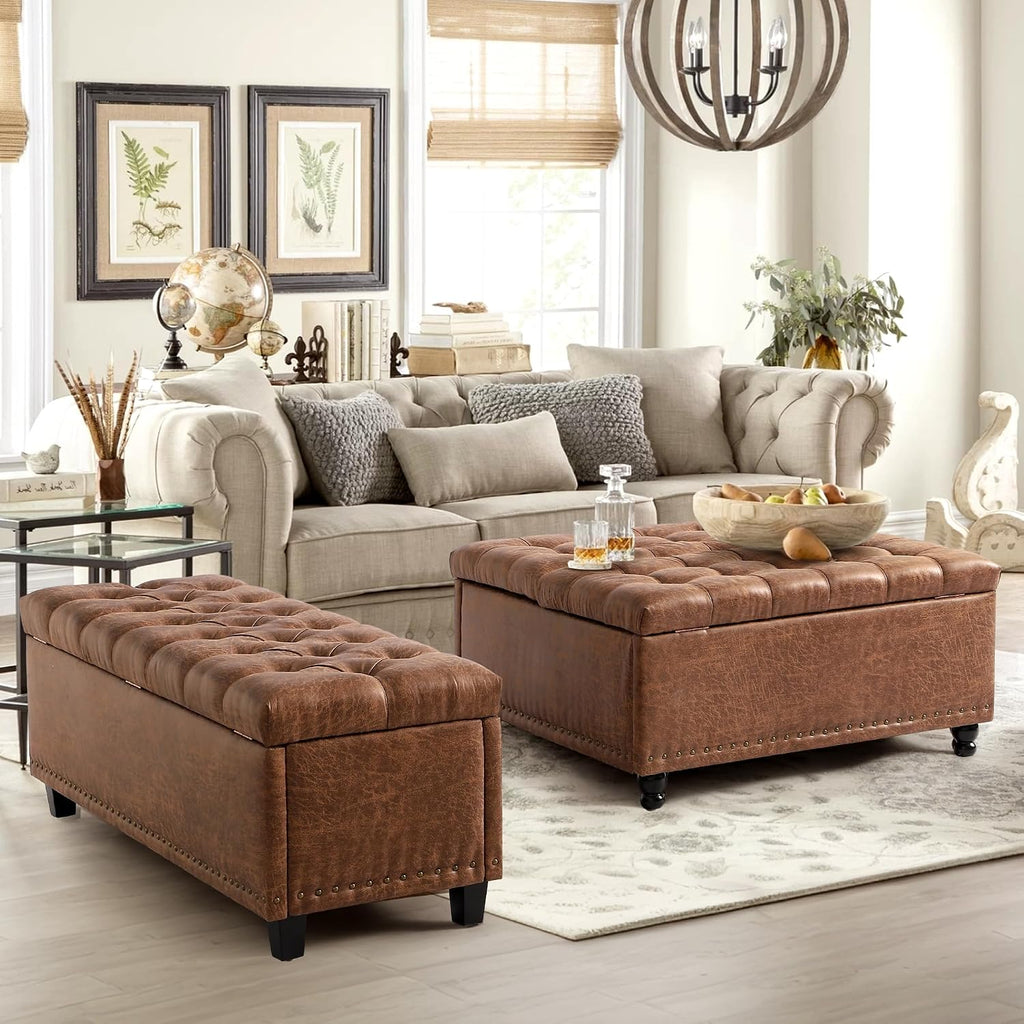 Grepatio 35.5" Large Square Storage Ottoman, Lift Top Ottoman Square Bench with Storage, Tufted Upholstered Ottomans, Ottomans Coffee Tables for Living Room, Bedroom (Brown)