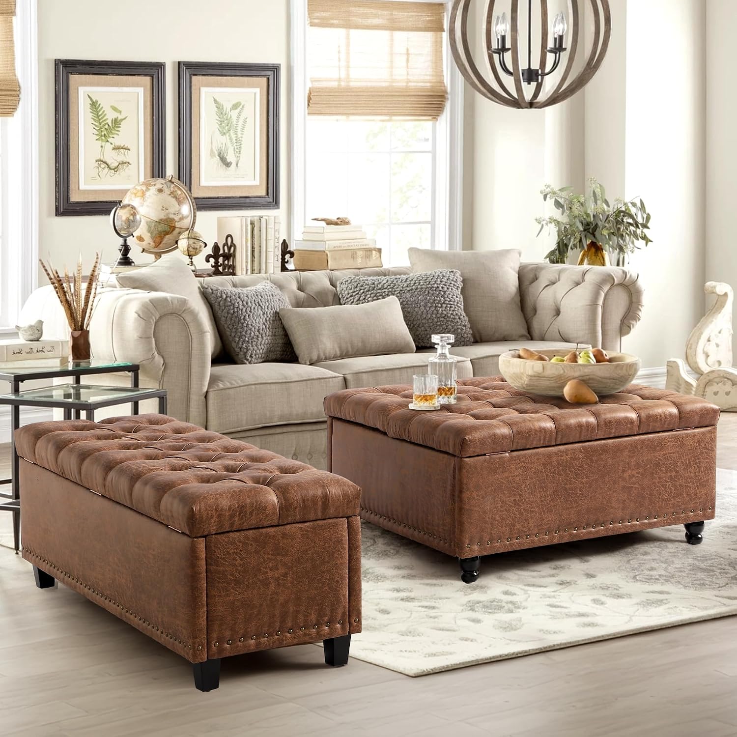 Grepatio 35.5" Large Square Storage Ottoman, Lift Top Ottoman Square Bench with Storage, Tufted Upholstered Ottomans, Ottomans Coffee Tables for Living Room, Bedroom (Brown)