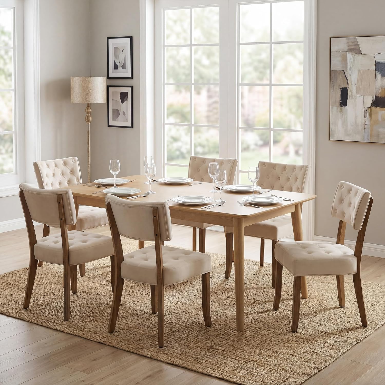 UVV Wooden Dining Chairs Set of 2, Mid Century Tufted Upholstered Kitchen Chairs Dining Room Chairs, Velvet Farmhouse Dinner Chair for Kitchen Dining Room, Beige