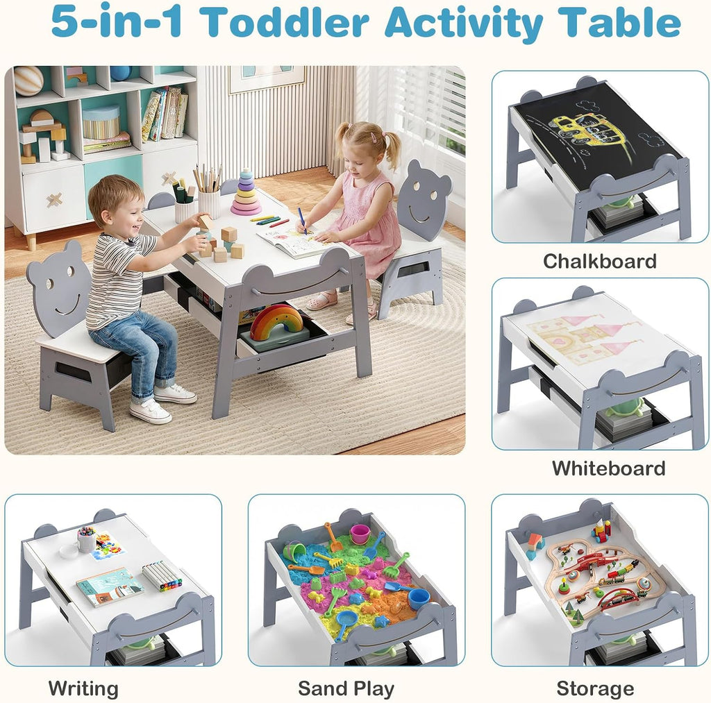 Children's Table with 2 Bear Chairs, 5-in-1 Painting Table with Reversible Board & Whiteboard, Children's Seating Set with Storage Space, 4 Hooks & Fabric Containers for Children 3-10 Years