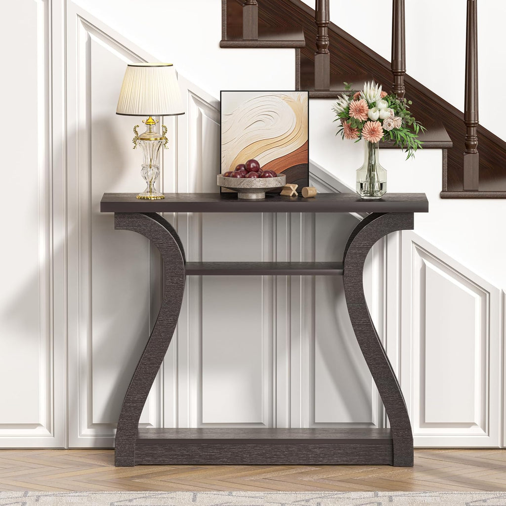 47" Narrow Console Table, Entry Table with Curved Legs, Sofa Table | Wood Console Table 3-tier Shelf Modern Accent Sofa Table for Entrance Area, Living room, Hallway (Brown)