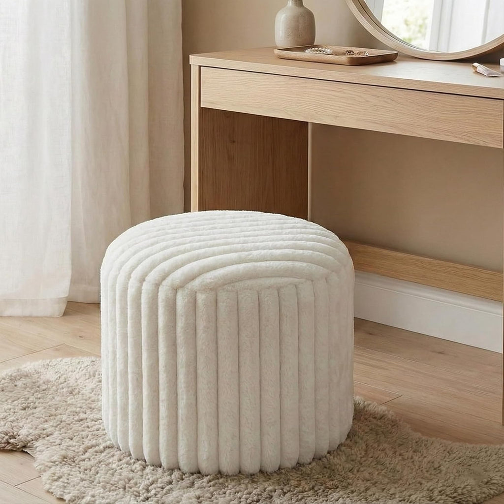 Round Stuffed Pouf Ottoman, Stripe Faux Fur Footrest, Solid Block Support+Soft Cushion Comfort, Removable Washable Cover, 20" Floor Pouf for Living Room Bedroom Dorm Vanity, Cream Beige