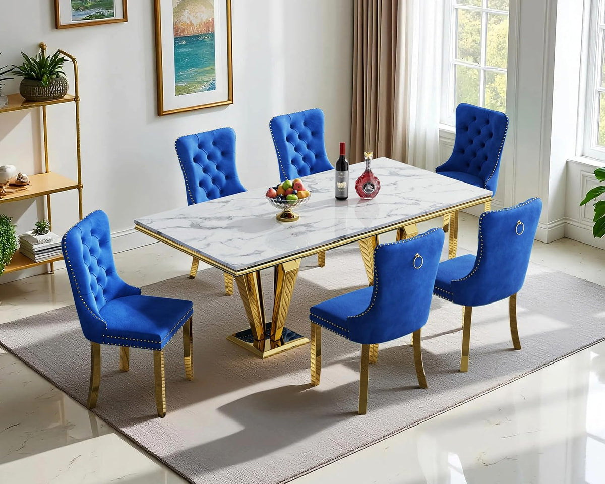 Henf White Gold Faux Marble Dining Table Set for 6, Modern 7-Piece Dining Table Set with 6 Upholstered Chairs, 68" Large Long Marble Kitchen Dining Room Table and Chairs with Stainless Steel Base