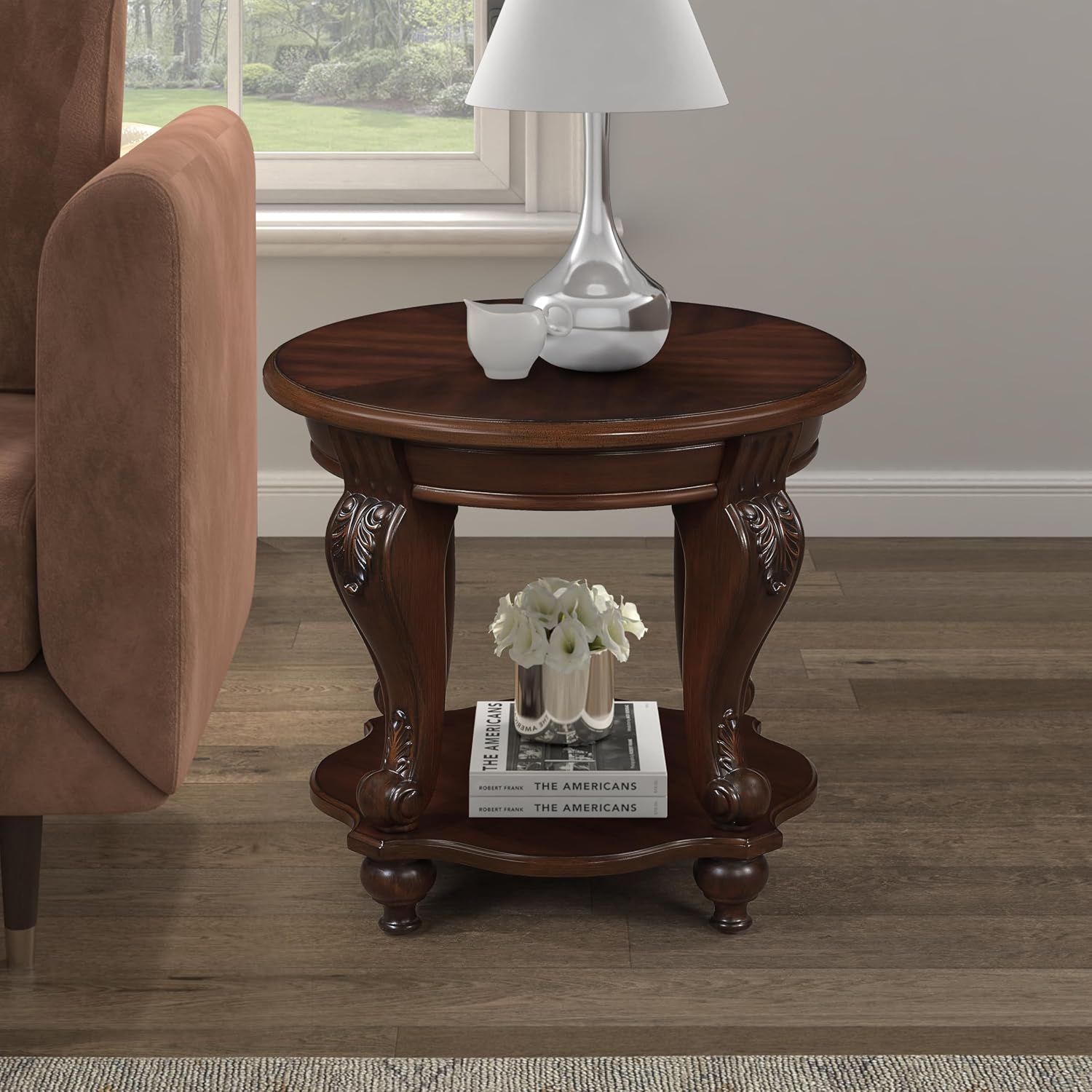 JIJIWANG Wood Round Sofa Table with Antique Carved Legs Oval End Table with Buttom Shelf for Small Space, Cherry