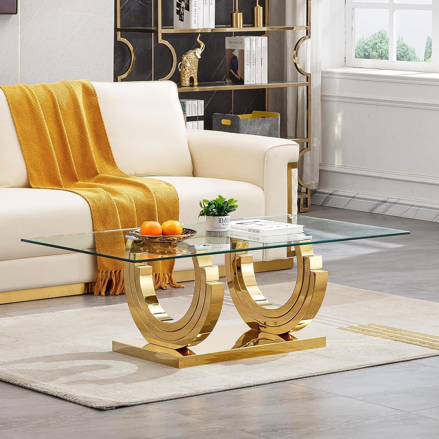 3 Piece Living Room Table Set, Rectangle Tempered Glass Coffee Table, End Tables, Console Table, Luxury Modern Clear Coffee Table Set of 3 with Gold Steel Base for Living Room, Apartment