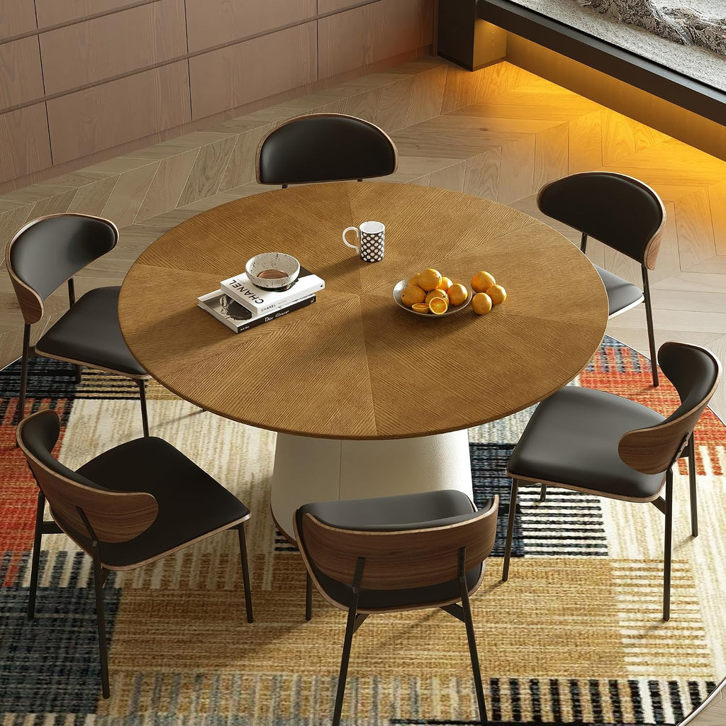 59” Modern Round Dining Table, Featuring a Decorative parquet Wood Veneer Tabletop paired with a Sturdy Cylindrical Base Structure, Suitable for Kitchen, Family Dining Room.