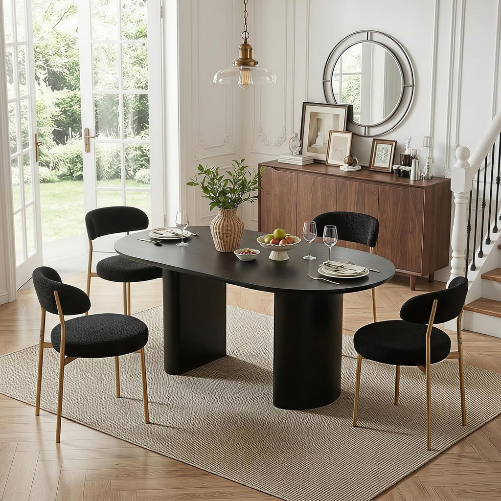 Black Boucle Dining Chair Set of 4, Modern Oval Upholstered Dining Chairs with Curved Back and Metal Leg for Dining Room,Restaurant,Kitchen Island(Gold Leg)
