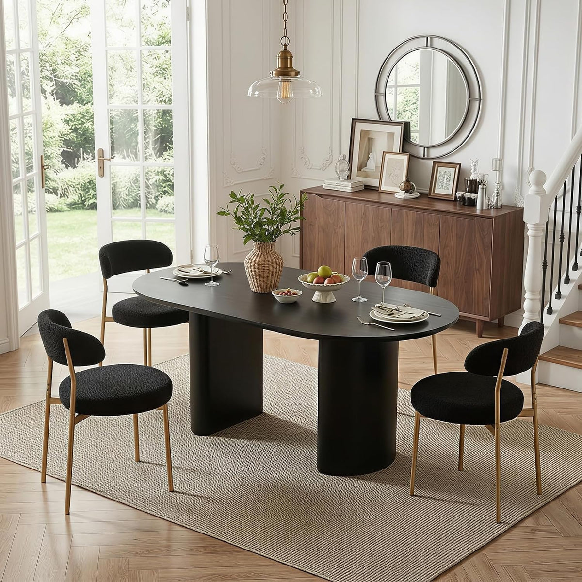 Black Boucle Dining Chair Set of 4, Modern Oval Upholstered Dining Chairs with Curved Back and Metal Leg for Dining Room,Restaurant,Kitchen Island(Gold Leg)