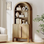 WAMPAT 71" Tall Arched Kitchen Pantry Cabinet, 5 Tiers Modern Farmhouse Bookcase with Doors and Adjustable Shelves, Wood Display Bookcase for Kitchen, Dining Room, Walnut, 1PC