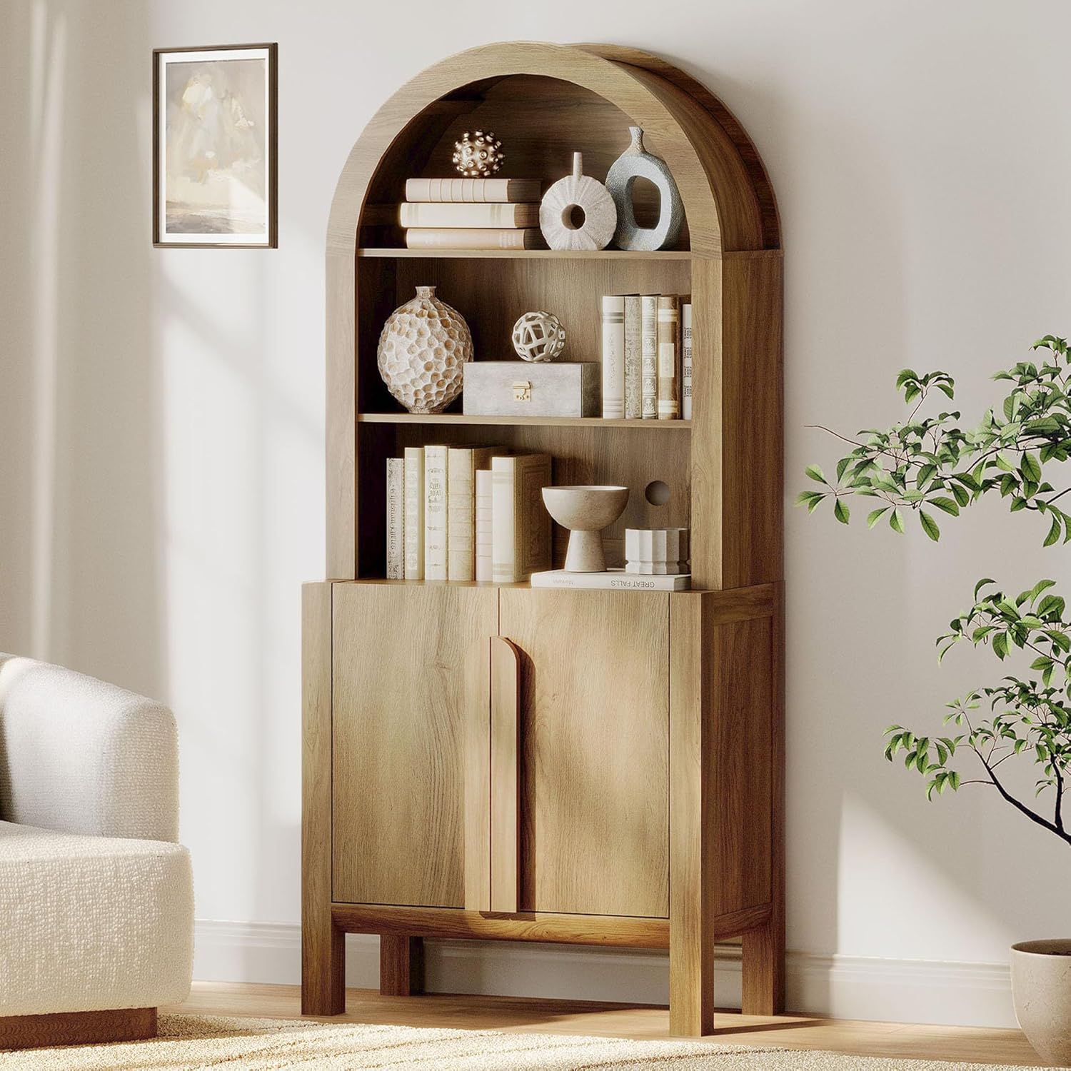 WAMPAT 71" Tall Arched Kitchen Pantry Cabinet, 5 Tiers Modern Farmhouse Bookcase with Doors and Adjustable Shelves, Wood Display Bookcase for Kitchen, Dining Room, Walnut, 1PC