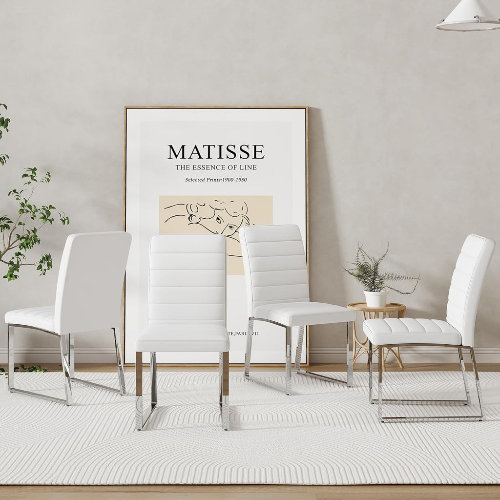 Modern Dining Chairs Set of 4, White Faux Leather Kitchen Chairs, Upholstered Armless Dining Room Chair with Silver Mental Legs Heavy Duty, Comfortable (White Chairs, Set of 4)