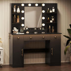 HUANLEGO Vanity Desk with Mirror and Lights, Makeup Vanity with Mirror and LED Lights & Power Outlet, 3 Drawers and Cabinets, 3 Lighting Modes Dressing Table Set for Girls Women Bedroom,Black
