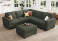 HONBAY Corduroy Sectional Sofa with Storage Ottoman, 6 Seaters L Shaped Small Sectional Couch for Living Room, Green