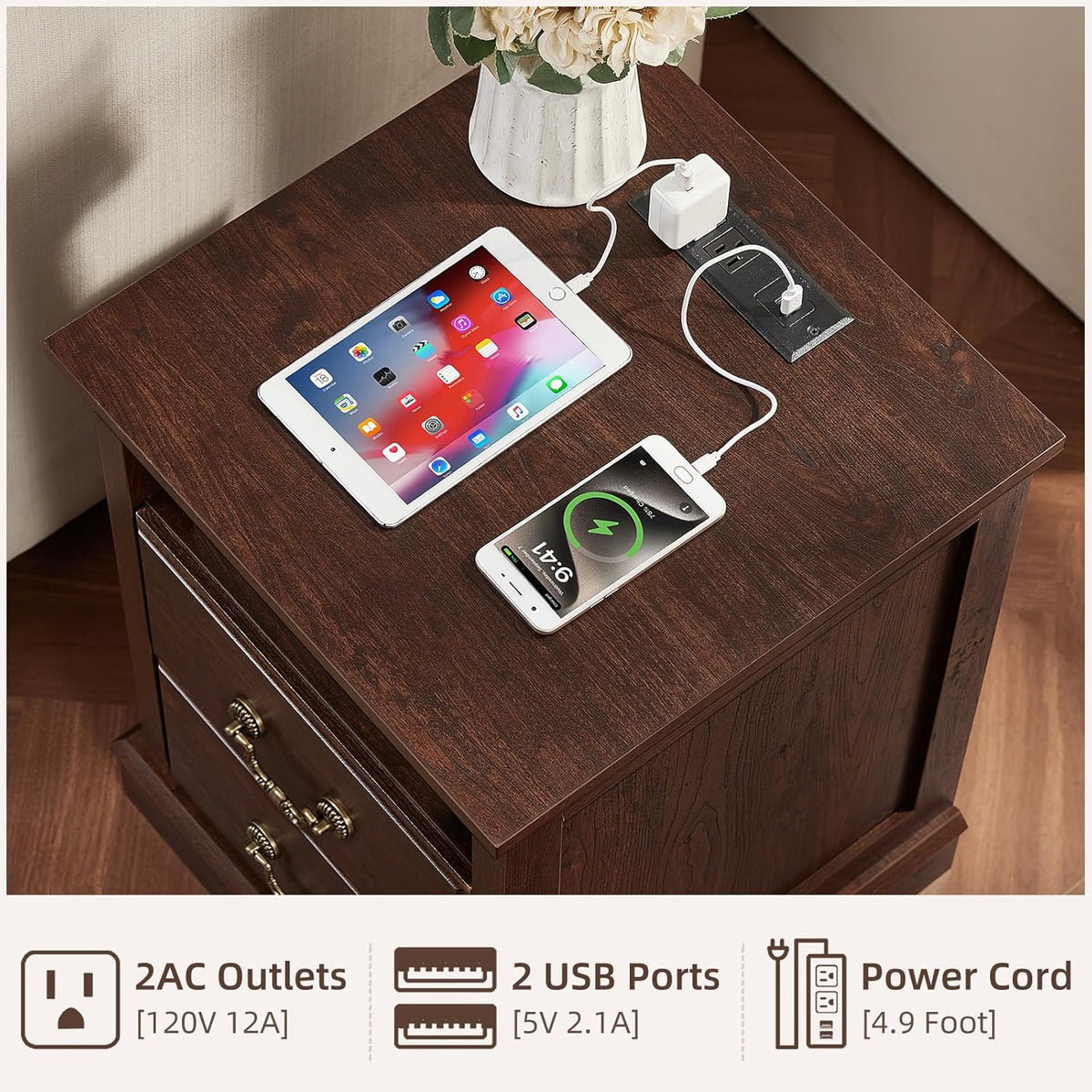 Farmhouse Night Stand with Charging Station, Walnut | 2 Drawers End Tables Bedroom, Bedside Table with Rustic Handles & Floor-Standing Thickened Foot & Open Shelf