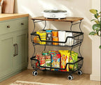 Pantry Floor Organizeron with Wheels, 3 Tier Rolling Fruit Vegetable Basket for Kitchen Stackable Wire Basket Stand for Home Removable Metal Vegetable Rack Wire Snack Cart