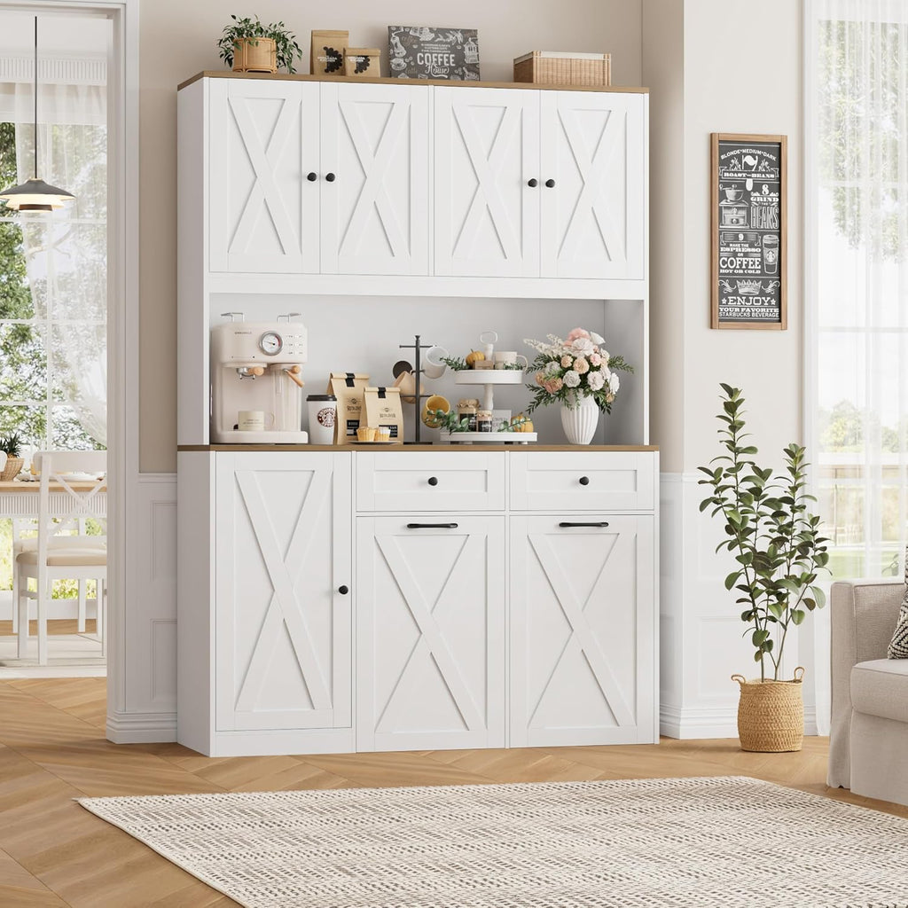 HOSTACK 71" Kitchen Pantry with 12.5 Gallon Double Trash Can Cabinet, White | Farmhouse Garbage Can Cabinet with Pull Out Trash Can Storage, 47"W Kitchen Hutch with Hidden Garbage Storage for Dining Room