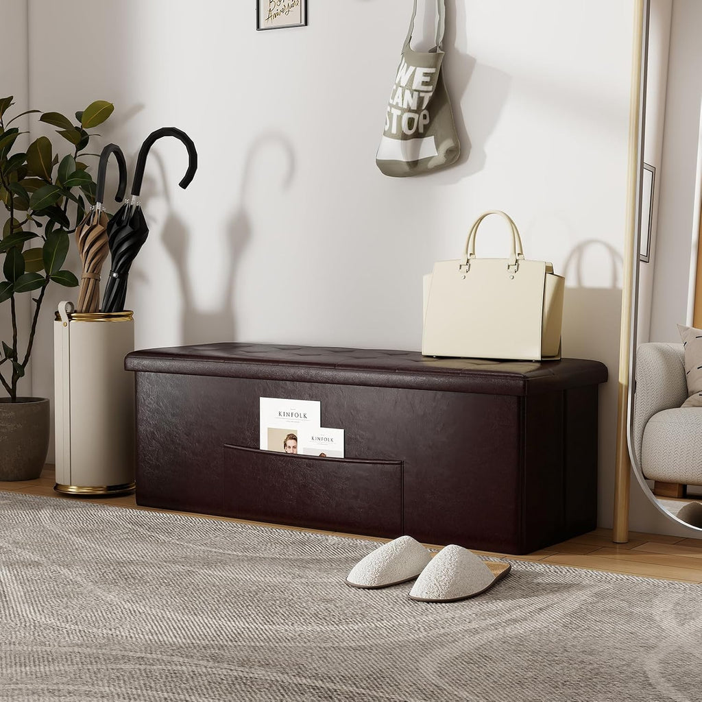 43 Inches Folding Storage Ottoman Bench, Foldable Foot Rest Stool End of Bed Bench with Side Pocket, Storage Chest for Living Room, Entryway & Bedroom (Brown)