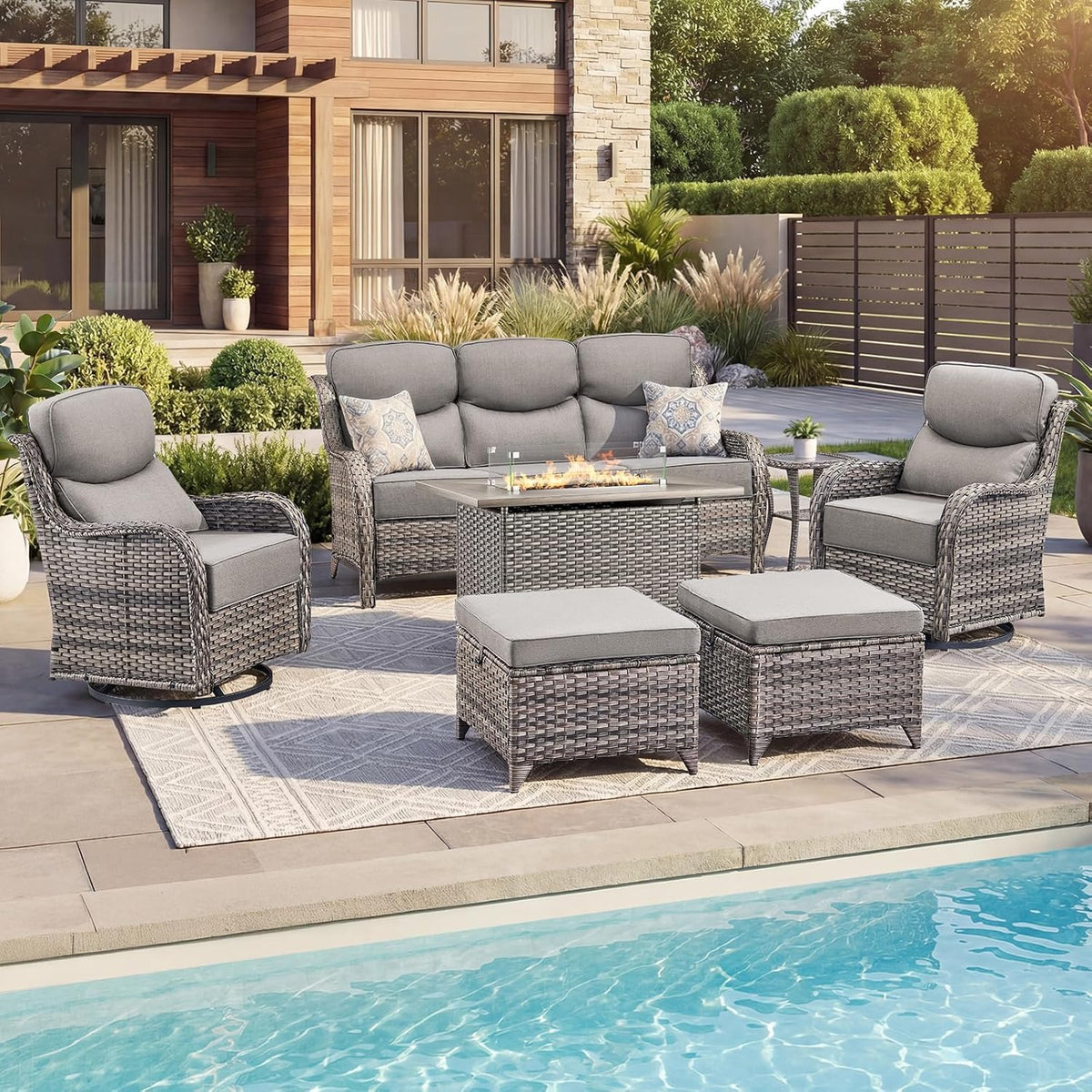 Luxury Patio Furniture Set with 6-inch Thick Cushion, Outdoor Furniture with Fire Pit Table, Swivel Chairs, Sofa, Side Table, Ottomans, 7pcs Wicker Conversation Set (Grey Wicker/Grey Cushion)