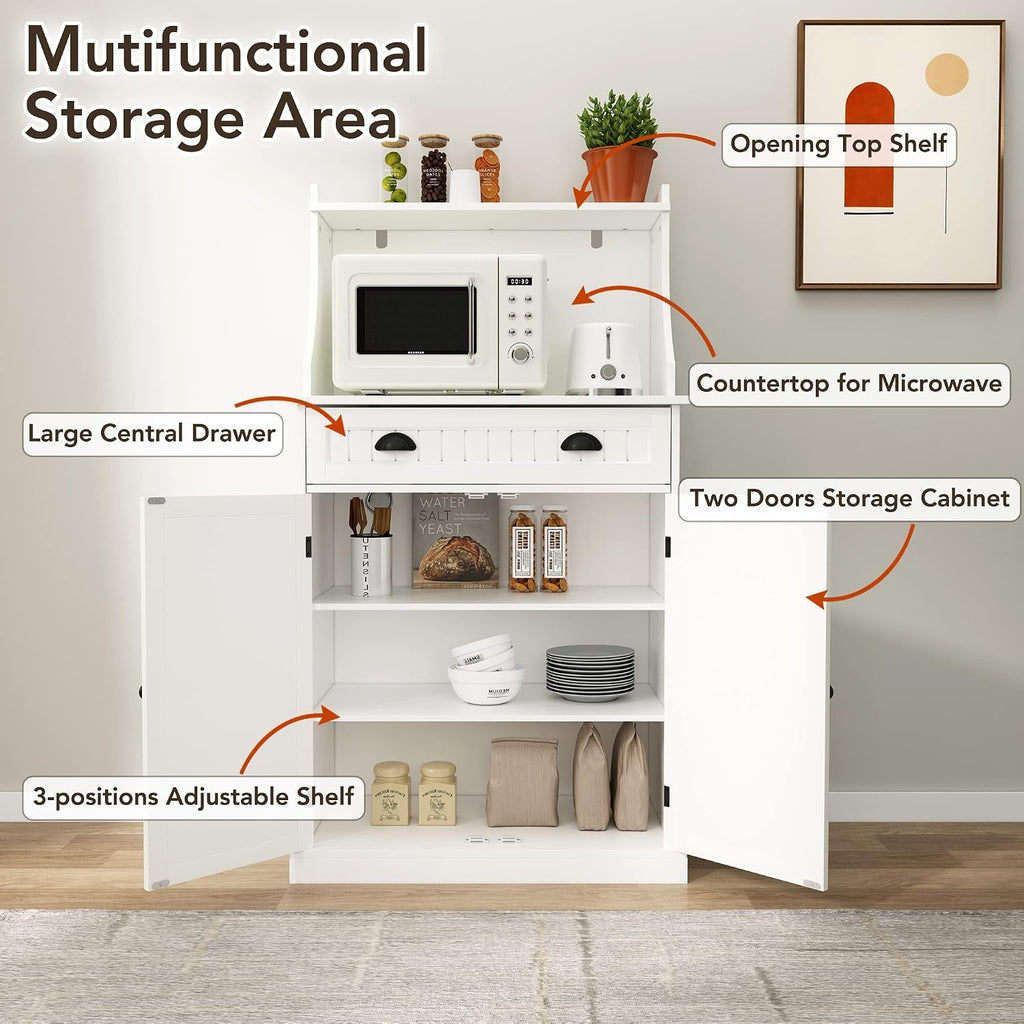 HOLTICO 54" Freestanding Kitchen Pantry Storage Cabinet with Doors and Adjustable Shelves, Microwave Oven Stand with Drawer for Kitchen, Bathroom or Hallway, White