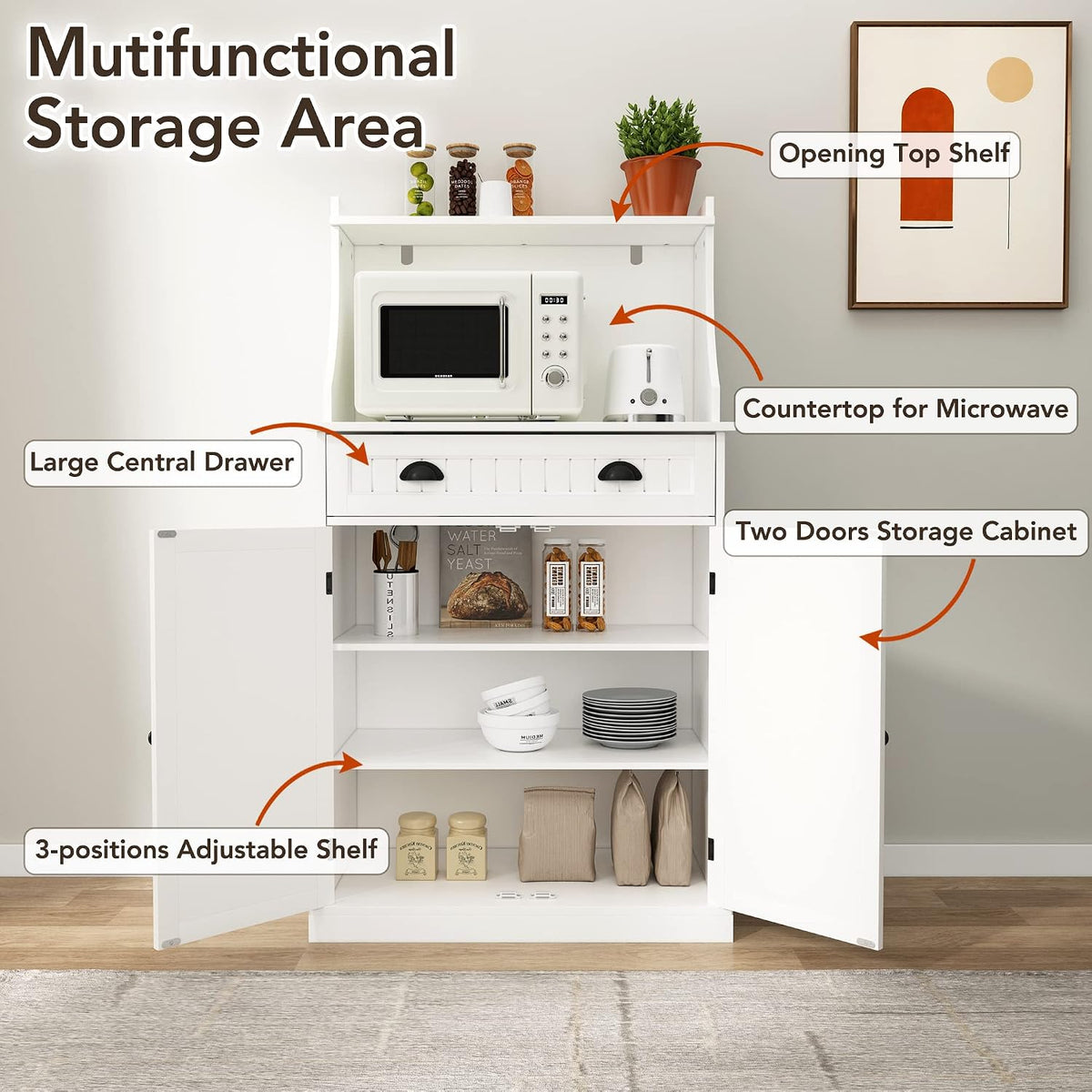 HOLTICO 54" Freestanding Kitchen Pantry Storage Cabinet with Doors and Adjustable Shelves, Microwave Oven Stand with Drawer for Kitchen, Bathroom or Hallway, White