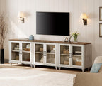 WAMAPT 101" Farmhouse Sideboard Credenza with 6 Glass Doors, Large Coffee Bar Table with Adjustable Shelf, Wood Kitchen Storage Cabinets, Modern Buffet Cabinet for Dining Room, Rustic White