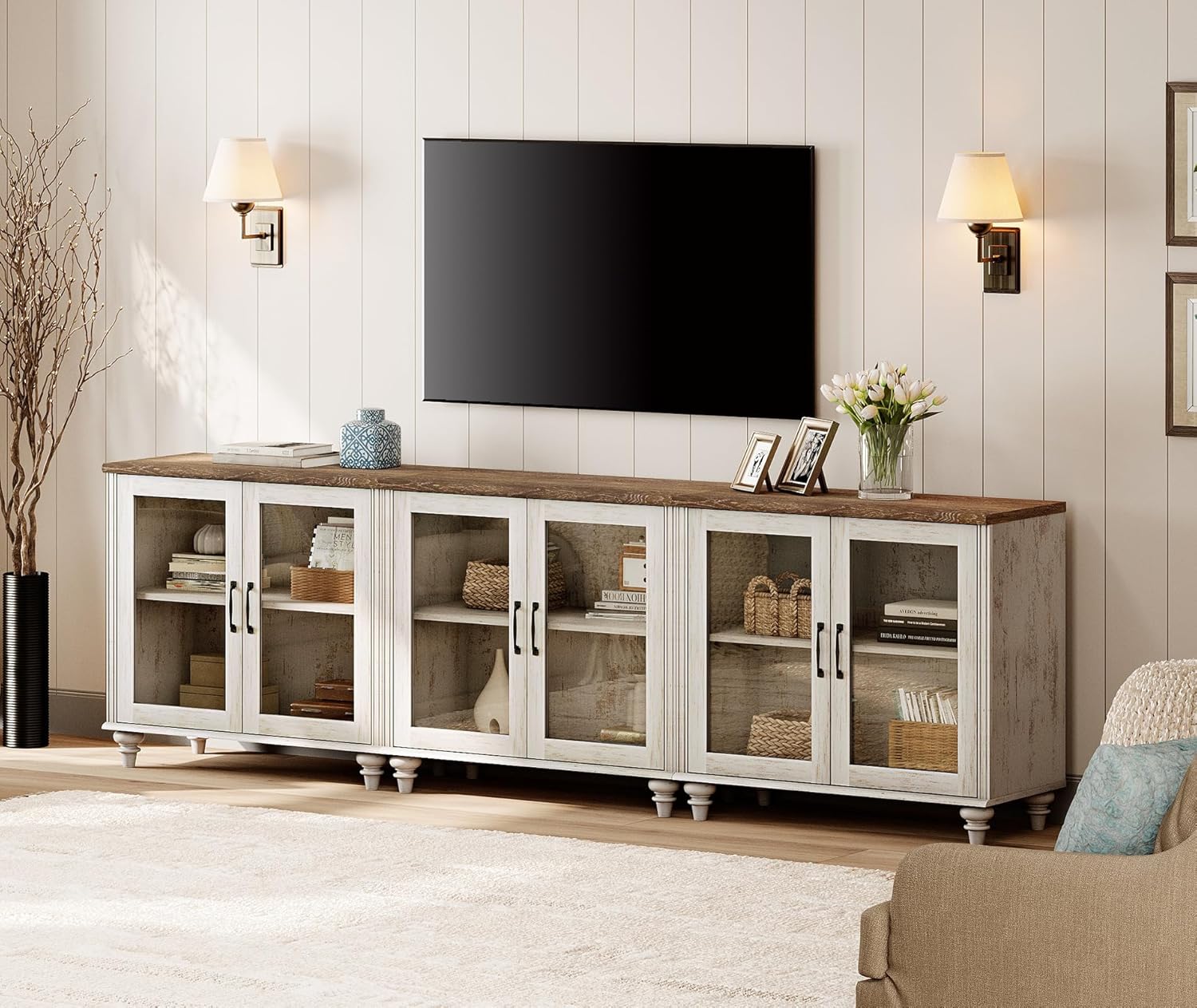 WAMAPT 101" Farmhouse Sideboard Credenza with 6 Glass Doors, Large Coffee Bar Table with Adjustable Shelf, Wood Kitchen Storage Cabinets, Modern Buffet Cabinet for Dining Room, Rustic White
