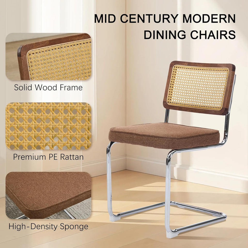 SoarFlash Linen Dining Chair Set of 4 Modern Upholstered Kitchen Chair with Walnut Rattan Cane Back, Stainless Chrome Base for Dining Room, Club(Coffee)