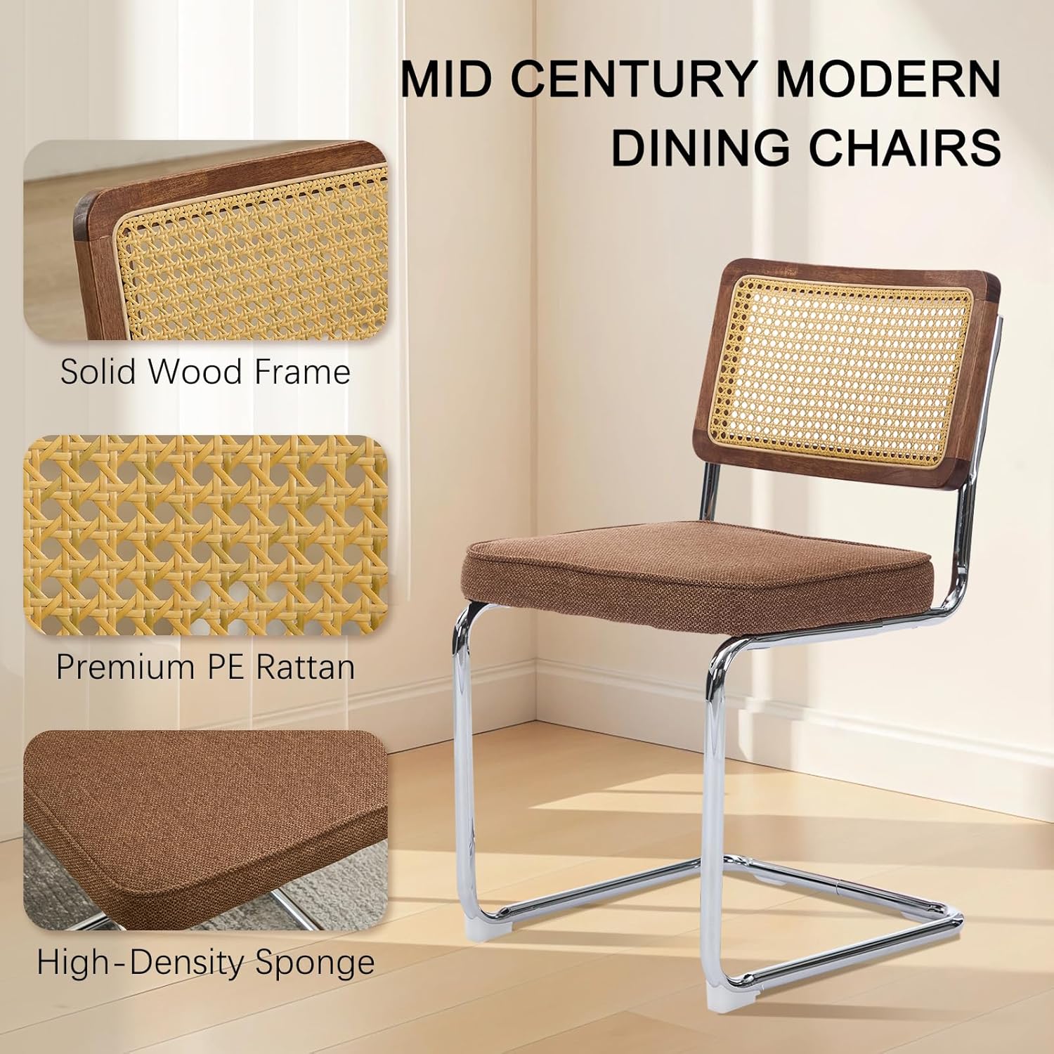 SoarFlash Linen Dining Chair Set of 4 Modern Upholstered Kitchen Chair with Walnut Rattan Cane Back, Stainless Chrome Base for Dining Room, Club(Coffee)