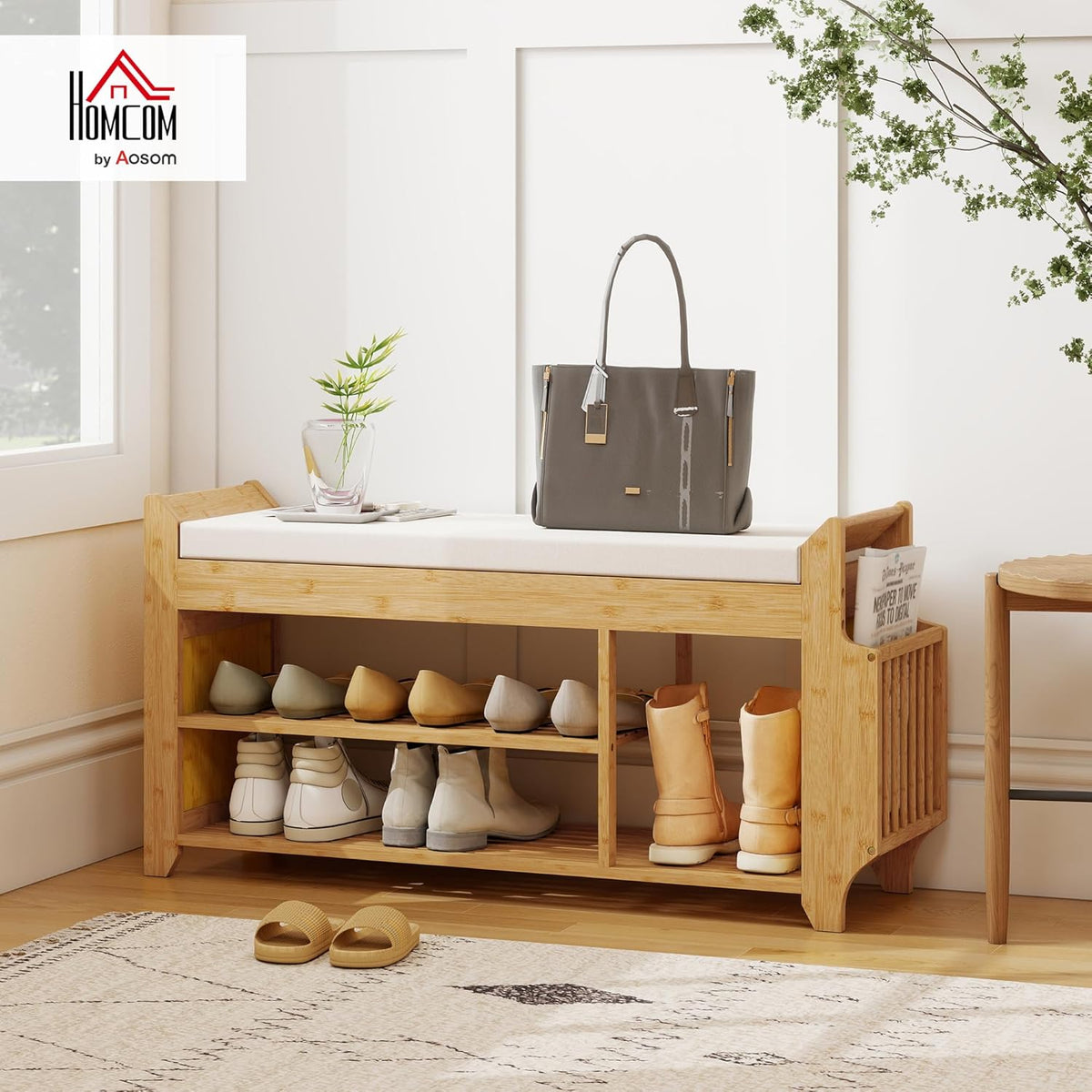 HOMCOM Shoe Bench with Cushioned Seat, 2-Tier Entryway Bench with Side Umbrella Holder, 39.4" in Natural Bamboo Shoe Rack for Hallway, Living Room, Natural and Cream