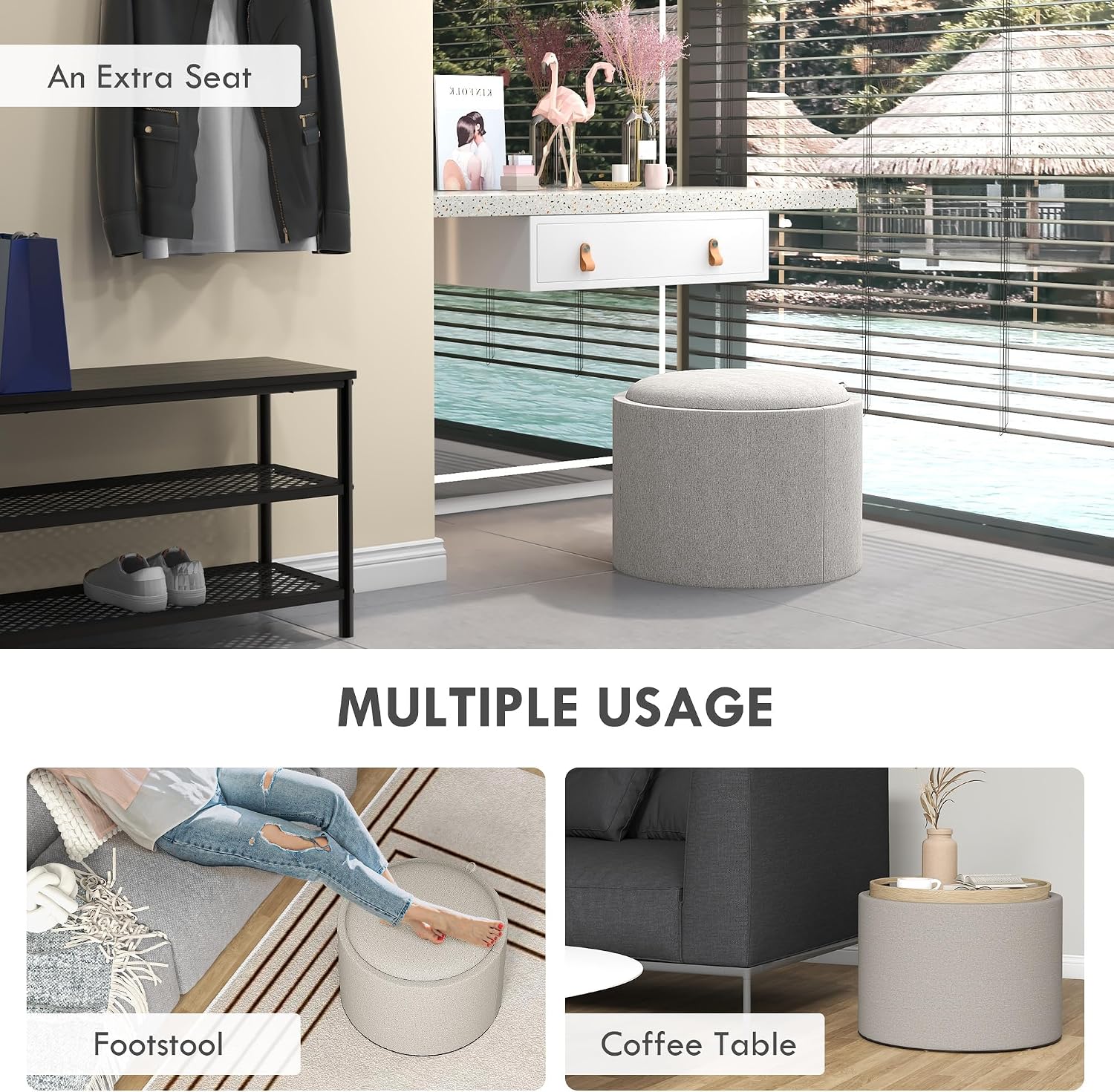 HOMCOM Round Storage Ottoman with Flip Top Tray, Footstool, Light Gray | Upholstered Fabric, Small Coffee Table, Hidden Compartment, Accent Vanity Stool, Living Room
