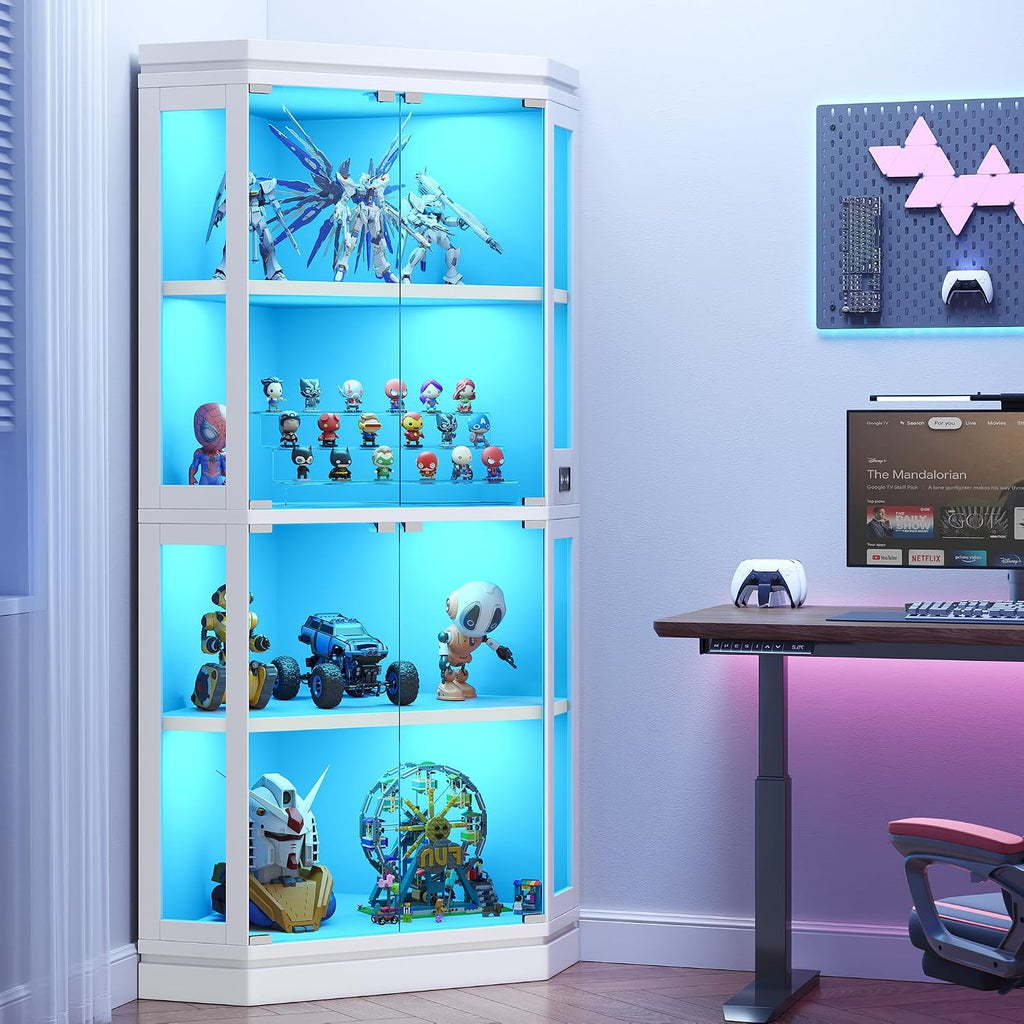 Jocoevol Corner Display Cabinet with Glass Doors, 4-Tier Display Cases for Collectibles with RGB Lights, 67'' Tall Corner Curio Cabinet with Human Body Sensor for Living/Game Room, White