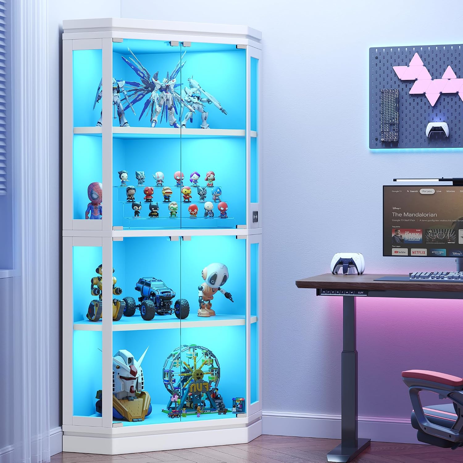 Jocoevol Corner Display Cabinet with Glass Doors, 4-Tier Display Cases for Collectibles with RGB Lights, 67'' Tall Corner Curio Cabinet with Human Body Sensor for Living/Game Room, White
