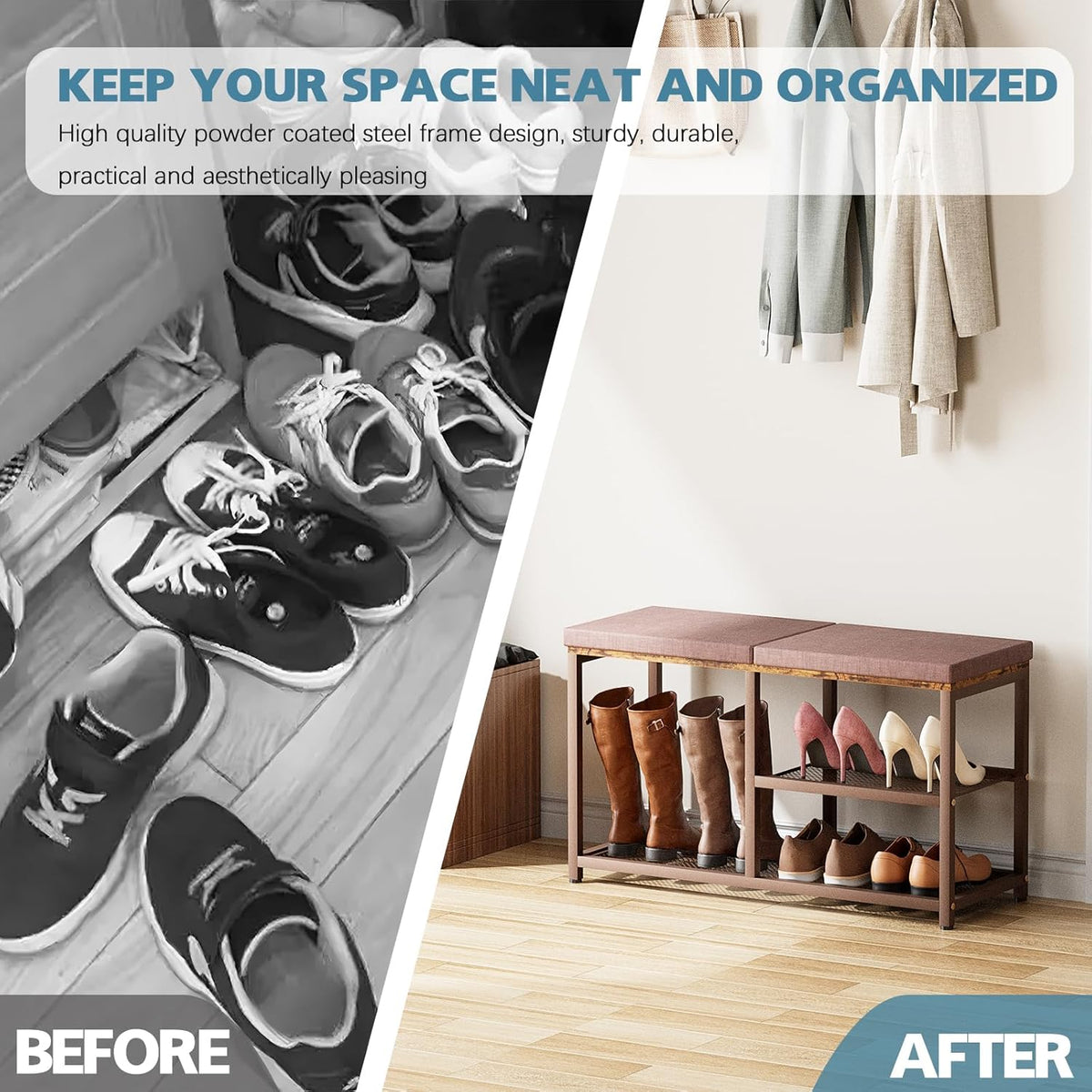 Shoe Rack Bench for Entryway 3-Tier, Free Standing Shoe Racks with Seat Cushion, Narrow Shoe Storage Shelf with Boot Organizer, Shoe Rack for Small Spacesh with Wood Bench (Brown+Brown)